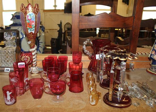 Bohemian glass vase (damaged) cranberry glass and Mary Gregory glasses and 2 glass lustres